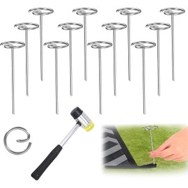 11Pcs Outdoor Rug Stakes and Rubber Mallet Set - 6 Inch Circle Top Steel Pins Camping Mat Stakes for Fixing Outside Fabric Patio Rugs Tents Tarps Rv Mats Holder Garden Planting Accessories