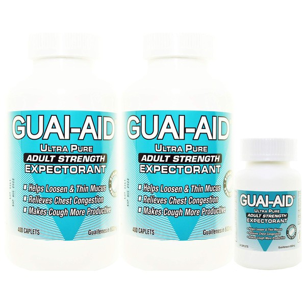 824 Guai-Aid® 600mg Guaifenesin Expectorant Caplets (Oval & Scored) - 2 Bottles of 400 & Travel Bottle