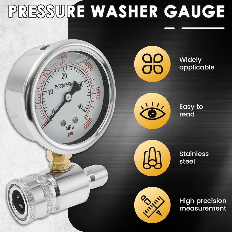 Pressure Washer Gauge 6000PSI Stainless Steel Double Scale Washer Gauge