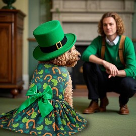 St. Patrick's Day Dog Costume Dress S, Green Shamrock and Horseshoe Print with Satin Bow, Pet Outfit for 6-7 lbs Dogs and Cats, Festive Holiday Apparel