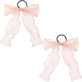 STSTR 2Pcs Large Bow Hair Ties, Pink Organza Ribbon Bow Hair Scrunchies for Women, Elegant Long Tail Bowknot Ponytail Holder French Hair Accessories for Wedding, Parties, Festivals