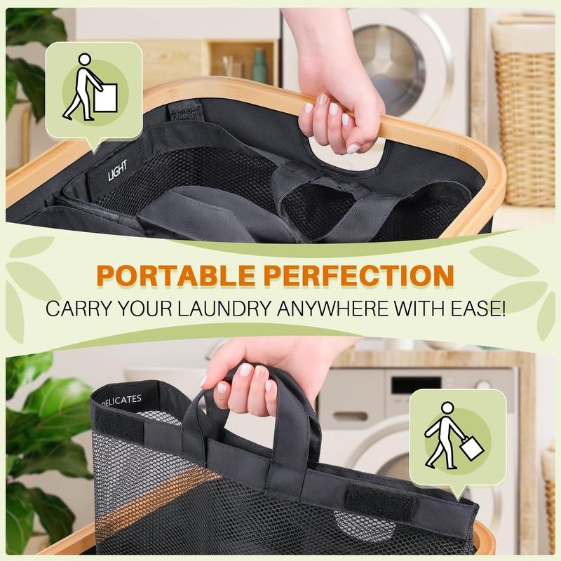 Bathola 145L Laundry Hamper with Lid, 3-Compartment Foldable Laundry Basket