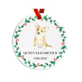 Queen Elizabeth II Corgi Ornament Ceramic Remembrance Bauble | Royal Memorial Christmas Tree Decoration Keepsake | Red Ribbon