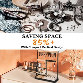 DreamGenius Jewelry Organizer Stand with Velvet Ring Holder, 4 Tier Jewelry Holder Organizer with 15 Hooks Necklace Organizer and Bracket Holder, Jewelry Stand with 16 Holes for Earring Holder, Black