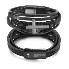Men's Leather Faith Cross Bracelet, Multi-Layer Braided Leather Bracelets, Jesus Catholic Christian Religious Jewelry Gift for Dad,Friends,Brother