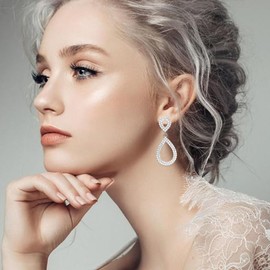 JDONL Rhinestone Teardrop Dangle Stud Earrings for Women Sparkly Crystal Teardrop Statement Drop Prom Earrings Jewelry (Silver)