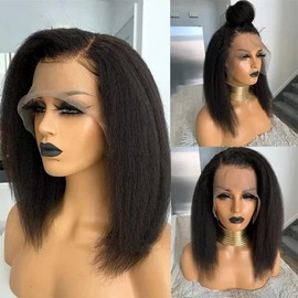 Fereowth 13x4 Lace Front Wig Yaki Kinky Straight Human Hair Wigs, 14Inch Afro Kinky Bob Wig 180% Density Pre Plucked 100% Brazilian Hair Glueless Wigs for Women