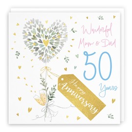 Hunts England - Mum And Dad 50th Anniversary Card - 50 Years - Contemporary Hearts - Gold Foil - Luxury 50th Wedding Anniversary Card For Mum And Dad - Milo's Gallery