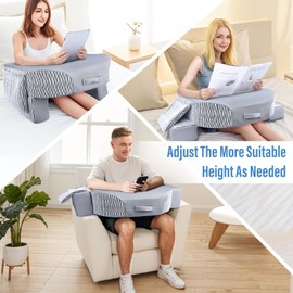 LEBENGURU Reading Pillow for Laptop, Extra Large Armrest Gaming Pillow for Working, Hight Adjustable Lap Desk Pillow for Adult Sitting in Bed, Floor, Sofa（Stripe and Grey）