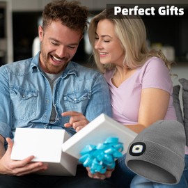 Unisex LED Beanie Hat with Light, Christmas Stocking Stuffers Gifts for Men Adults Dad Him, White Elephant Gifts for Adults Men Dad Husband, USB Rechargeable Headlamp Cap for Winter Gifts