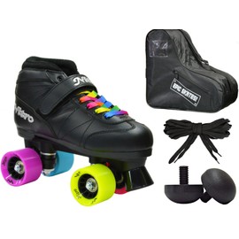 New! Epic Super Nitro Rainbow Indoor / Outdoor Quad Roller Speed Skate 4 Pc. Bundle w/ Bag & Jam Plugs (Mens 7)