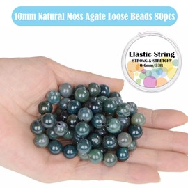 10mm 80pcs Natural Moss Agate Gemstone Round Loose Beads for Jewelry Making with Crystal Stretch Cord