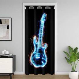 Erosebridal Teal Glitter Guitar Door Curtain for Doorway Privacy,Ombre Rock Roll Music Door Drape,Geometric Musical Instrument Room Divider Curtain,Dreamy Blue Grunge Blackout Curtain,34" W X 80" L