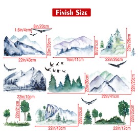 Ink Painting Mountain Wall Decals Abstract Mountain Tree Wall Stickers Chinese Style Splash Ink Landscape Painting Green Tree Birds Wall Art Decor for Bedroom Living Room Office TV Background DT-4974