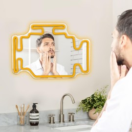 Vveikea Check Engine Light Neon Mirror Dimmable Garage Neon Signs for Man Cave Cool Wall Mirror Car Themed Room Decor Led Wall Art Led Mirror for Bedroom Bathroom