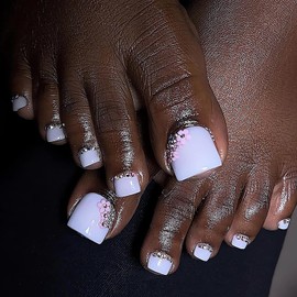 24Pcs Pure White Press on Toenails Rhinestone French Tip Fake Toe Nails Summer Floral Designs Cute Toe Nails Short Square Press on Toenails for Women White Toe Nail Tips Full Cover Glue on Toenails