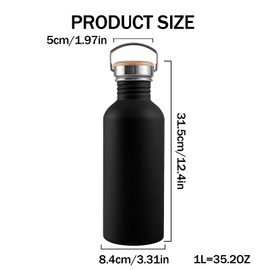 Annizhty Stainless Steel Water Bottle 1l BPA Free Metal Water Bottle Black Leakproof Sports Water Bottle Non-insulated Reusable Water Bottle