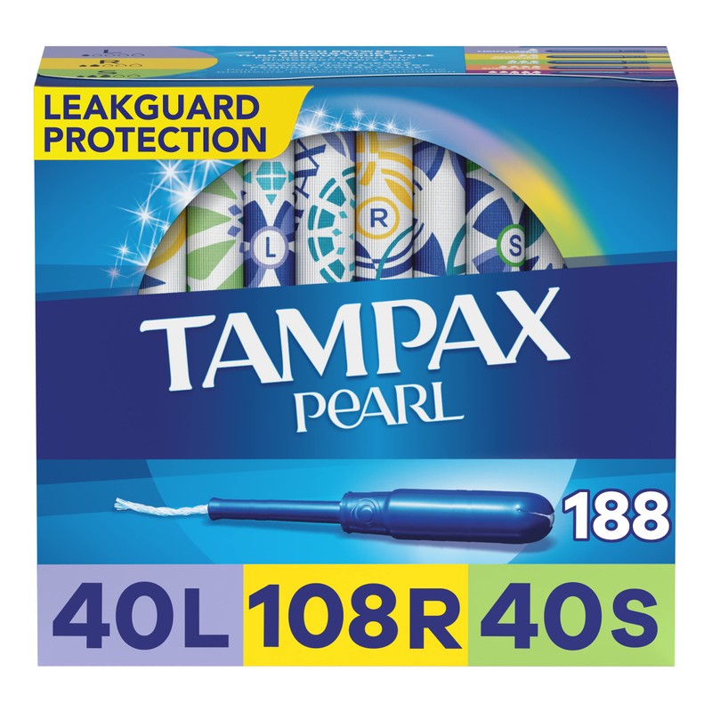 Tampax Pearl Plastic Tampons, Light/Regular/Super Absorbency Multipack, 188 Count, Unscented