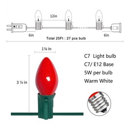 C7 Christmas Lights Outdoor, 25Ft Red White Christmas Decorative String Lights with 27 Red White Ceramic Bulbs(2 Spare), Commercial Vintage Christmas Lights for Holiday Xmas Roofline Wedding Home
