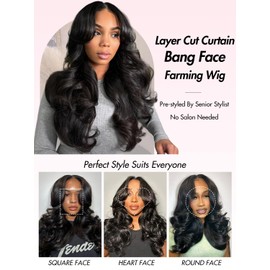 RXY Layered Cut Curtain Bangs Face Framing Wig Women's Real Hair 6 x 6 Loose Body Real Hair Wig 200% Density Pre-Plucked Precut Glueless Lace Front Wigs Human Hair for Women 18 Inches (46 cm)