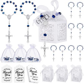 Yinkin 100 Pcs Baptism Favors Set Baptism Rosary Set Including 25 Mini Rosary Baptism Favors 25 Organza Bags 25 Thank Kraft Tags 25 Baptism Favor Boxes for Baby Shower Wedding Supplies Gifts (Blue)