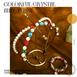 Sinalty Baroque Rhinestone Headbands Colorful Crystal Pearl Hairband with Beaded Hair Ties Crystal Diamond Head Band Party Prom Hair Hoop Jewelry for Women