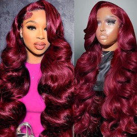 Dorashion 36 Inch 99j Burgundy Lace Front Wigs Human Hair 13x4 HD Transparent Wine Red Burgundy Body Wave Lace Front Wigs for Women 180 Density Pre Plcked Human Hair Lace Frontal Wig with Baby Hair