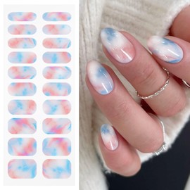 JMEOWIO Gel Nail Stickers Pink Blue Marble Semi Cured Gel Nail Strips Wraps UV/LED Nails Art Design Decoration Accessories