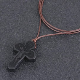 COTTVOTT Wood Orthodox Cross Pendant Necklace Christian Crucifix Necklace Prayer Jesus for Women Men (A-Black Color)