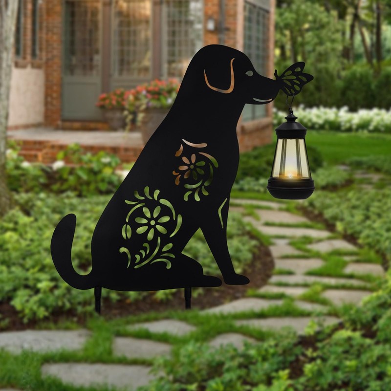 Solar Lights Outdoor Garden Decor - Metal Dog Holding Lantern