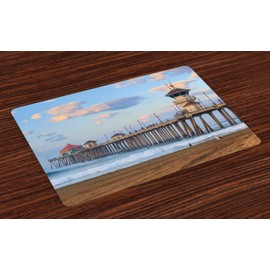 Lunarable Huntington Beach Place Mats Set of 4, Scenery by The Coast Waves Hitting The Shore, Washable Fabric Placemats for Dining Table, Standard Size, Pale Sky Blue Multicolor