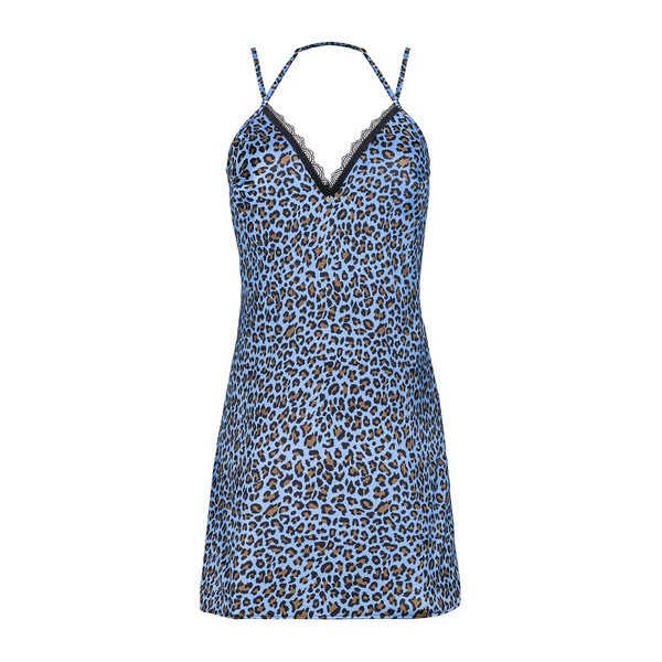 Obsessive Feminine chemise with leopard pattern and black lace, blue