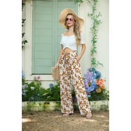 Lepunuo Floral Boho Pants High Waisted Wide Leg Pants Work Casual Pants Tie Knot Lounge Trousers Pants with Pockets