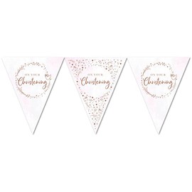 Anniversary House On Your Christening Paper Flag Bunting | Foil Stamped Shiny Design | Pink Rose Gold Christening Party Decorations | 11 Flags Banner Decoration | Banner for Girls| J094