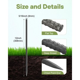 50 Pcs 12 Inch Ground Rebar Stakes, Heavy Duty 5/16'' Diameter Metal Spikes for Fence Tent Timber Garden Plant, Long Straight Steel Concrete Stakes Ground Anchors with Chisel Point End