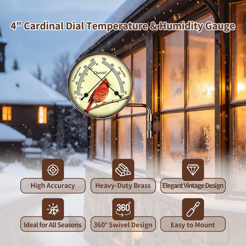 Dunuo 4" Outdoor Thermometer & Humidity Gauge, Brass Cardinal Dial