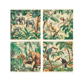 Vintage Jungle Ceramic Coaster Set - Exotic Safari Elephant Monkey Chimpanzee Toucan Square Set of Four (4) Coasters Gift