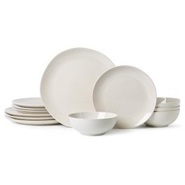 Ceramic Dinnerware 12 Pieces glazed cream white Dinner Set,Plates Pasta Bowls Cereal Bowls Reactive Change Glaze Dish Sets, Modern Stoneware Dishe (glazed cream white)