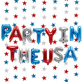 15PCS 4th of July Supplies with 2 Strands Patriotic Star Streamers Banner Garland and "Party in the USA" Balloons for Patriotic Party, Memorial Day, Veterans Day, Independence Day, Labor Day Decor