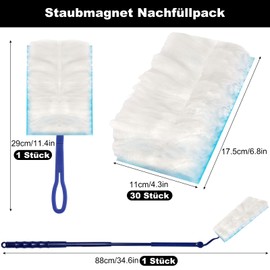 REJOECE Pack of 30 Dust Magnet Refill Pack, Duster Refill Pack with 1 Handle and 1 Dust Magnet Telescopic Rod, Dust Magnet Long Handle Dusters for Pet Hair, Duster and Dirt