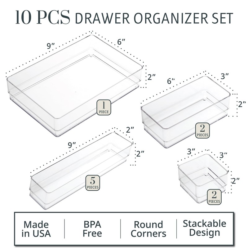 STORi SimpleSort 10-Piece Stackable Clear Drawer Organizer Set | Multi-size