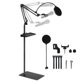 Mic Stand Floor Boom Arm for Blue Yeti, Nano, Snowball, HyperX QuadCast, SM7B MV7, Fifine K688 and More Mic, Boom Mic Stand Clip Holder with 3/8" to 5/8" 1/4" Screw,Pop Filter Mic Clip Cable Ties,Tray