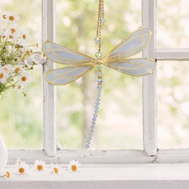 Sun Catchers for Windows, Rainbow Sun Catcher Dragonfly Crystal Suncatcher for Garden, Home Windows Decor Dragonfly Gifts Garden Ornament,White,15X15cm (Dragonfly)