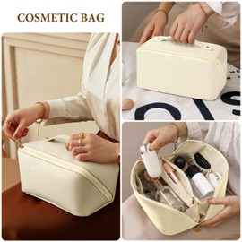 NAKODU Travel Makeup Bag,Large Capacity Cosmetic Bags for Women,Waterproof Portable Pouch Open Flat Toiletry Bag Make up Organizer with Divider and Handle (White)