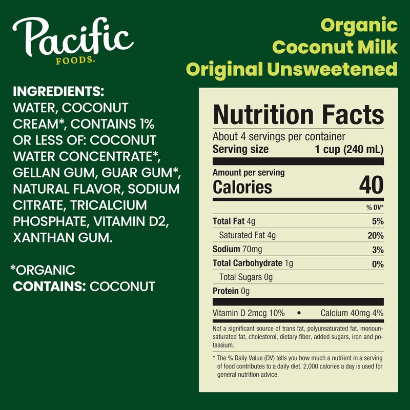 Pacific Foods Organic Unsweetened Coconut Milk, Plant Based Milk, 32