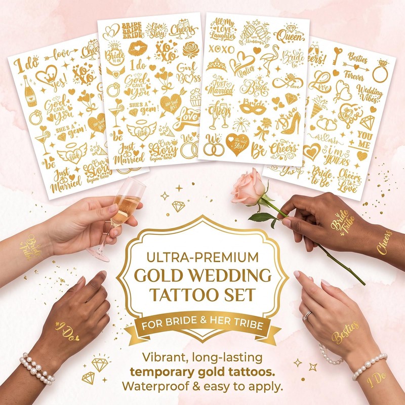 BIVYAX 4 Sheets Temporary Tattoos for Women, JGA Tattoos Gold