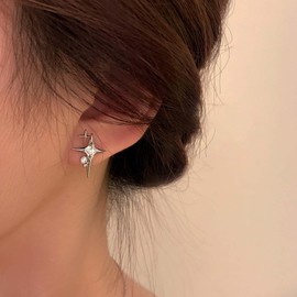 Cimenexe Bohemian Crystal Star Stud Earrings Silver Rhinestone Star Earrings Four Pointed Star Earrings Minimalist CZ Star Earrings Jewellery for Women Gifts, Zinc, No Gemstone