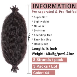 3 Packs Soft Pre-fluffed Springy Afro Twist Hair 16 Inch Short Spring Twist Hair For Distressed Soft Locs Natural Black Marley Twist Braiding Hair Synthetic Hair Extension For Women(16 Inch 3Pcs,4#)