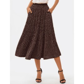 Oyamiki High Waisted Skirts Polka Dot Skirt for Women Elegant Casual Coffee Pleated Dress with Pockets Midi Length, L