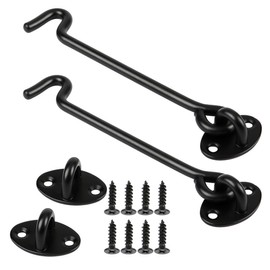 2Pcs Hook and Eye Latch - 6 Inch Black Cabin Hook, Stainless Steel Gate Latch, Heavy Duty Cabinet Latches with Mounting Screws, Eye Latch Swivel Window Hook for Sliding Door, Bathroom (Black)